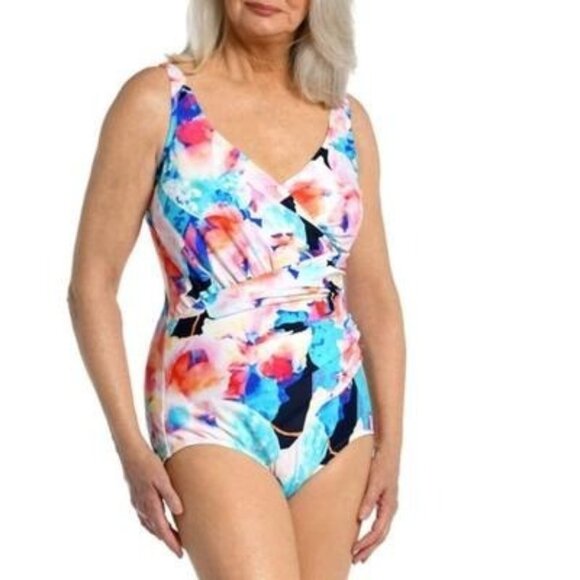Maxine Shirred‎ Surplice One Piece Swimsuit Illusion Blossoms, Size 16 - Picture 1 of 14